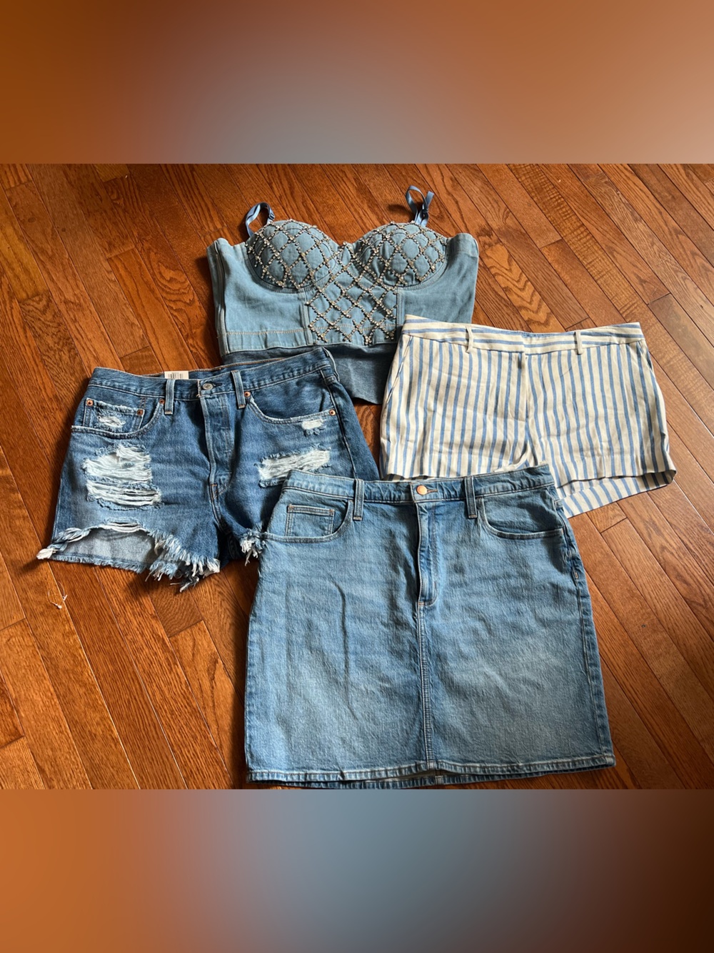 Denim Bustier Top & Mixed Denim Bottoms Set - Light Blue  distress, Jean short